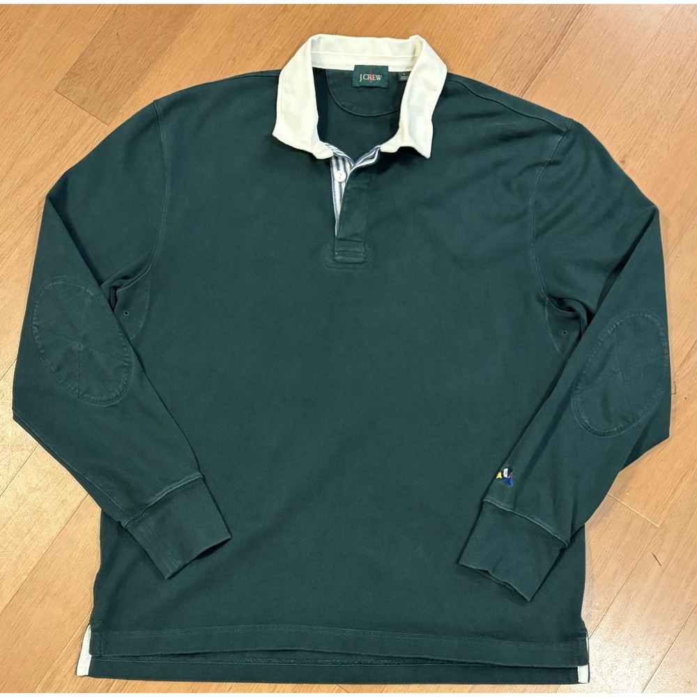 Vintage J Crew Oarsman Rugby L Green Long Sleeve  Shirt 90s Heavy Elbow Patches